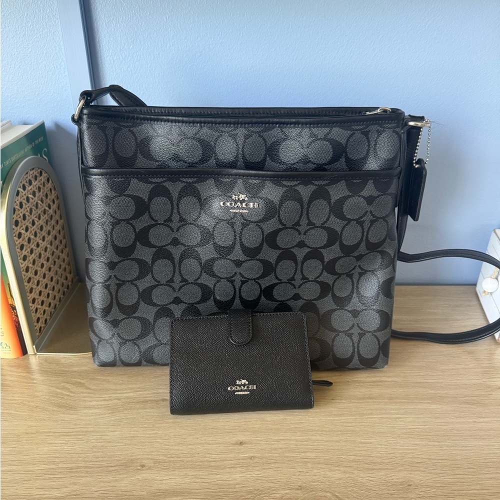 Coach Gray and Black Signature Messenger Bag